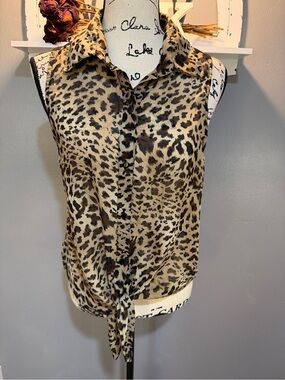 PENELOPE Leopard-Print Tie-Front Sleeveless Button-Down - Brown, Black Sz L
